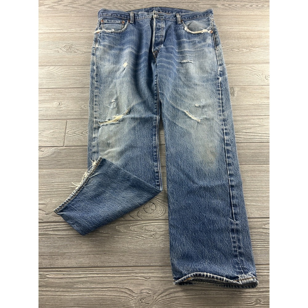Levis 501 Jeans Mens 36X30 Blue Button Fly Denim Pants Dark Straight Distressed